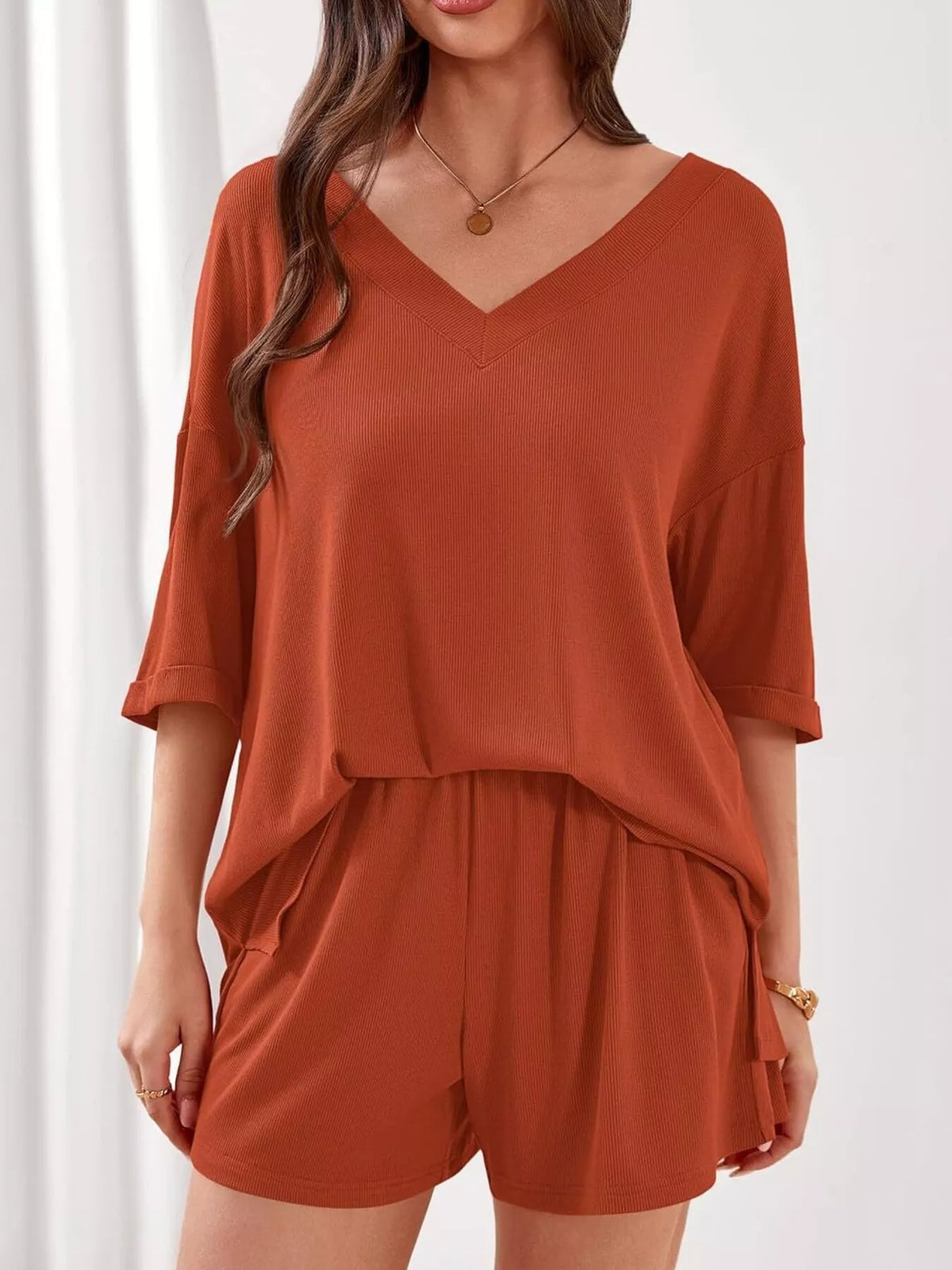Casual Solid Color V-neck Top Shorts Set (7)
