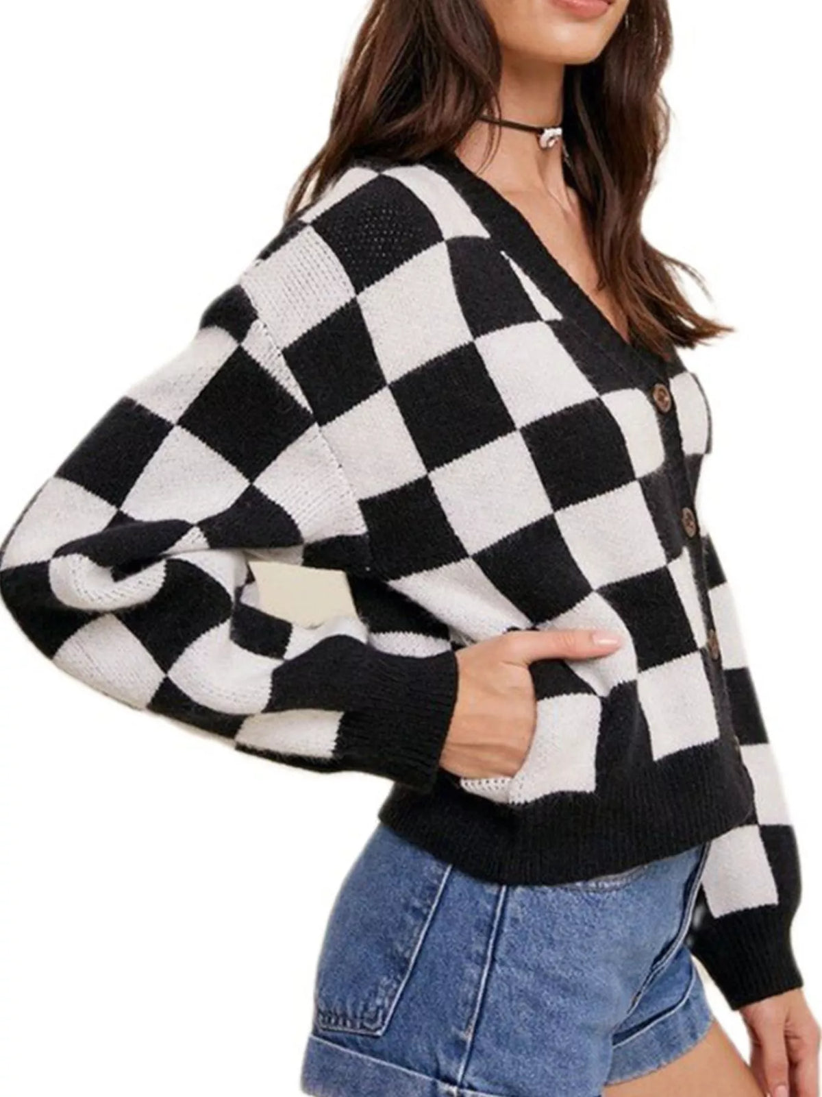 Checkerboard Pattern Button-down Cardigan (3)