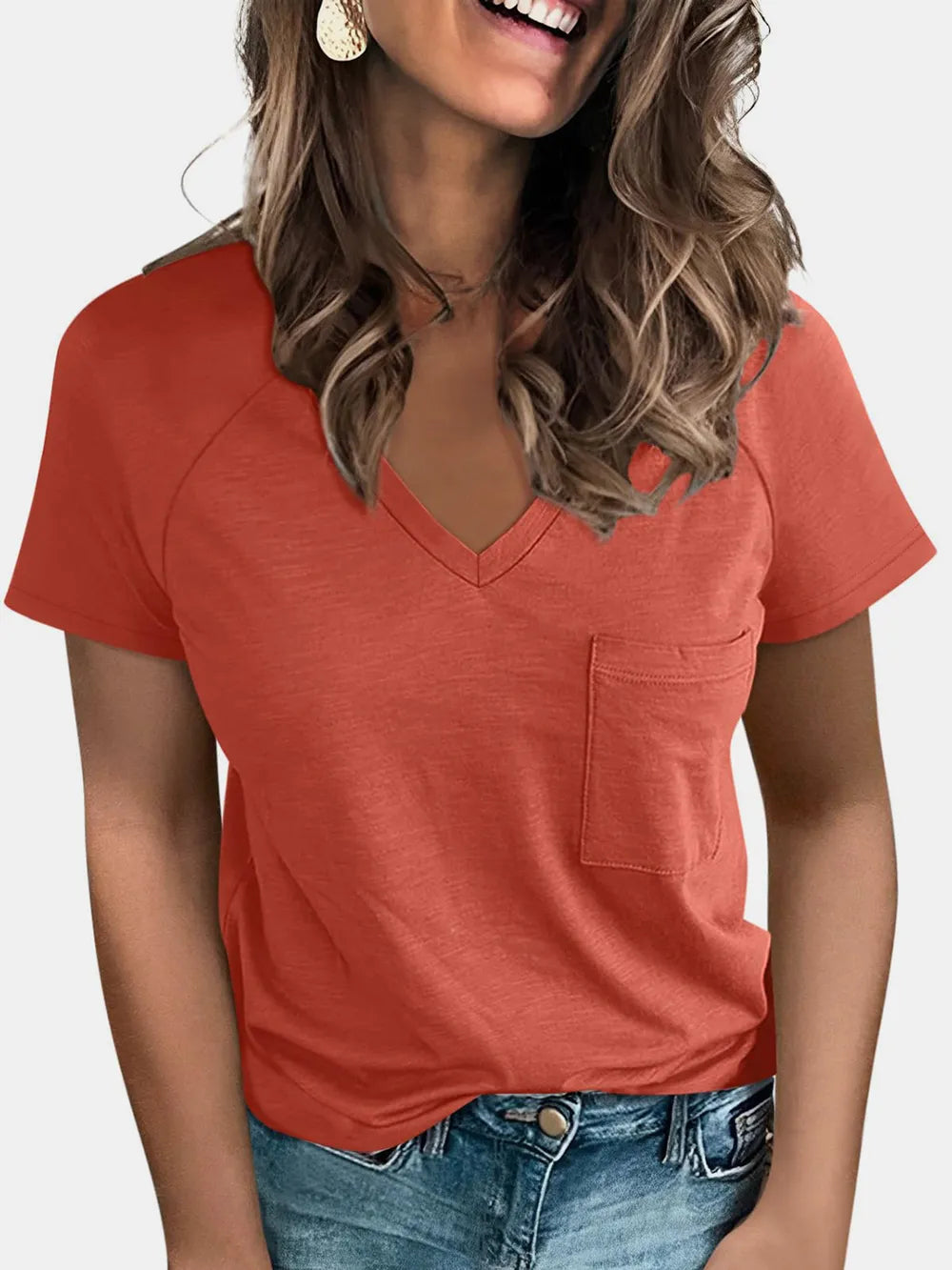 Pocketed V-neck Short Sleeve T-shirt (9)