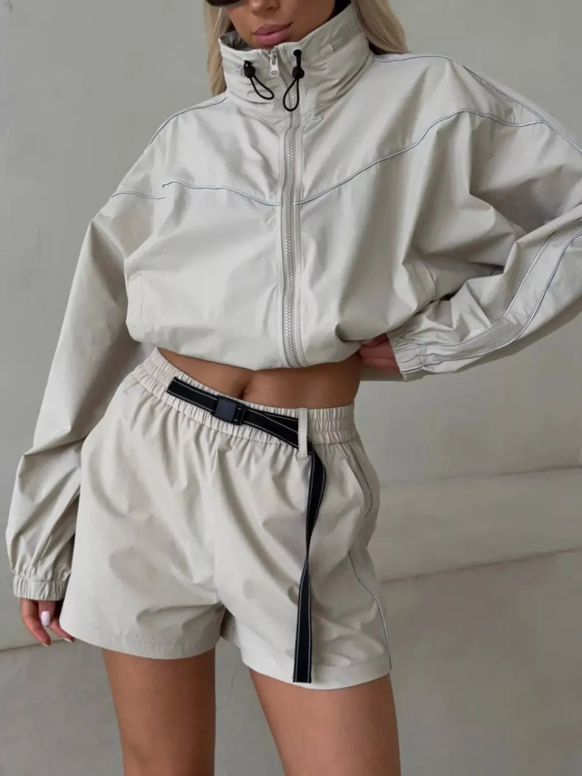 Drawstring Zip-up Jacket Shorts Set (17)