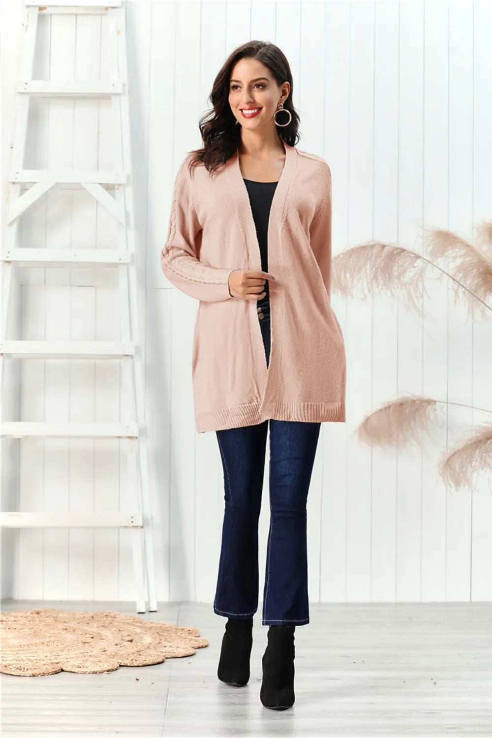Cable-knit Open Front Long Sleeve Cardigan (5)