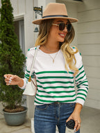 Round Neck Shoulder Button Striped Pullover Sweater (11)