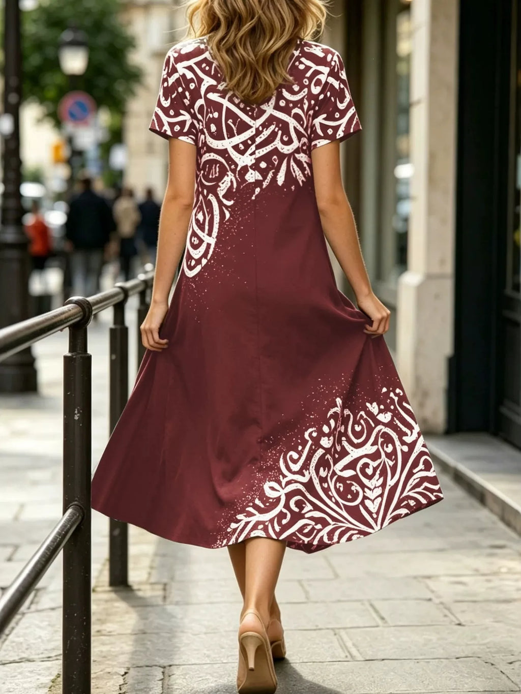 Printed Short Sleeve Midi Dress (5)