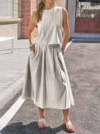 Striped Sleeveless Top Midi Skirt Set (13)