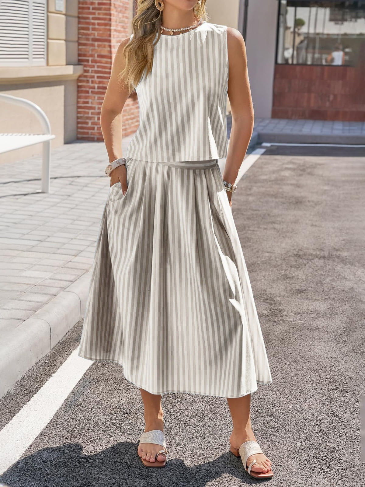 Striped Sleeveless Top Midi Skirt Set (13)
