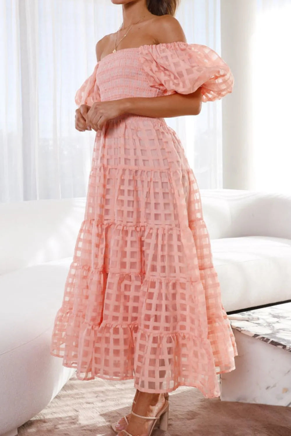 Off Shoulder Short Puff Sleeve Midi Dress (4)