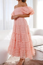 Off Shoulder Short Puff Sleeve Midi Dress (4)