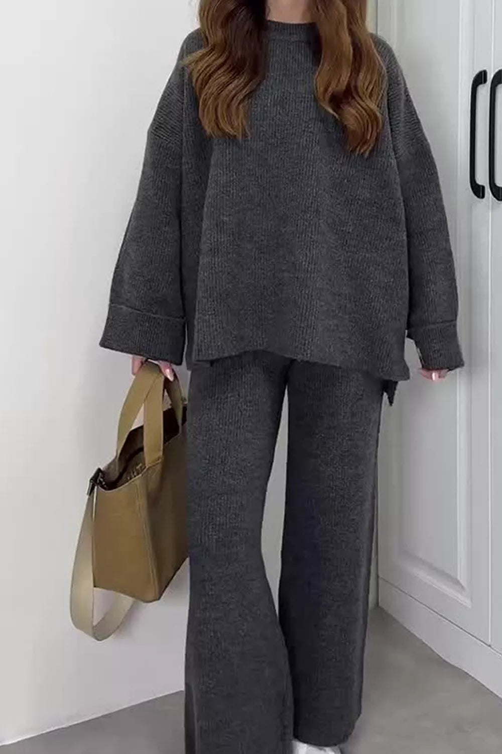 Dropped Shoulder Knit Sweater Wide Leg Pants Set (12)