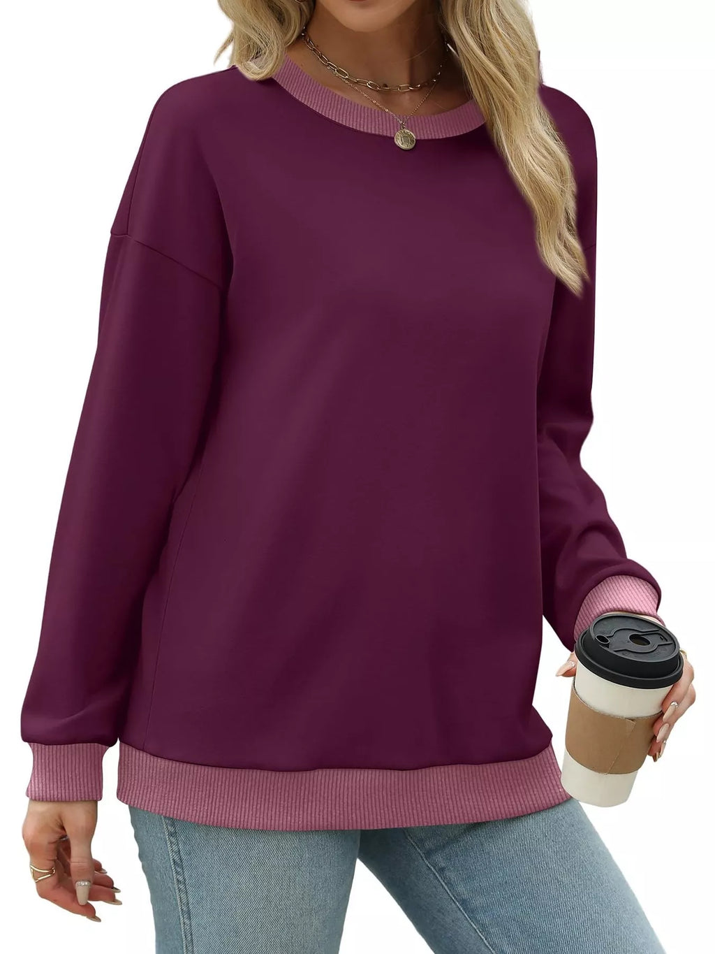 Contrast Trim Crew Neck Casual Sweatshirt (27)