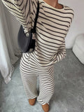 Striped Knit Dropped Shoulder Top Pants Set