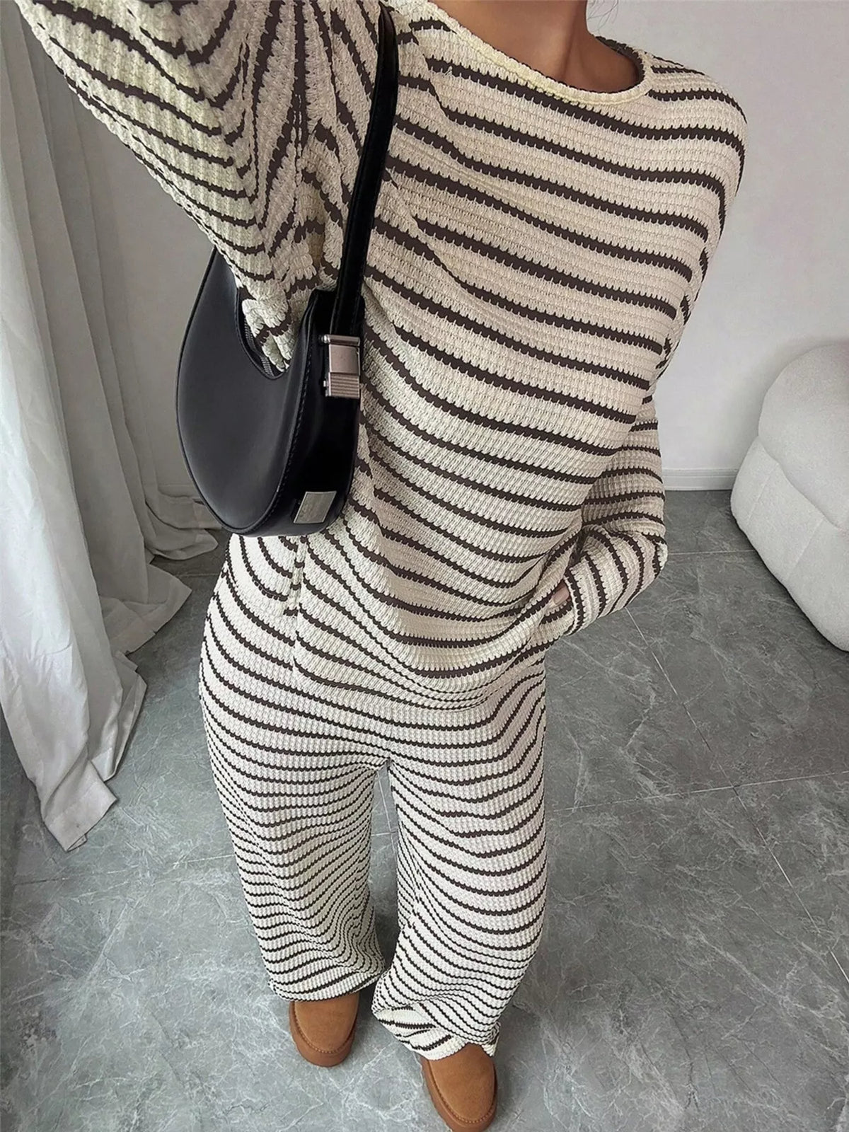 Striped Knit Dropped Shoulder Top Pants Set