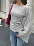 Ribbed Flare Sleeve Top Ruched Detail