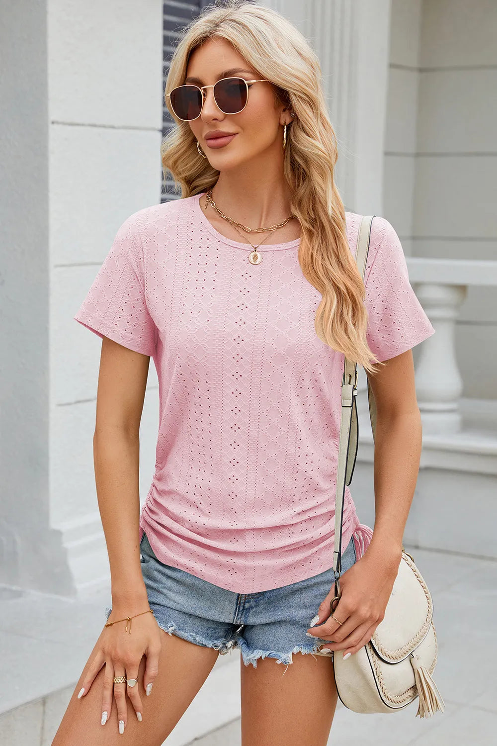 Eyelet Round Neck Short Sleeve T-shirt (14)