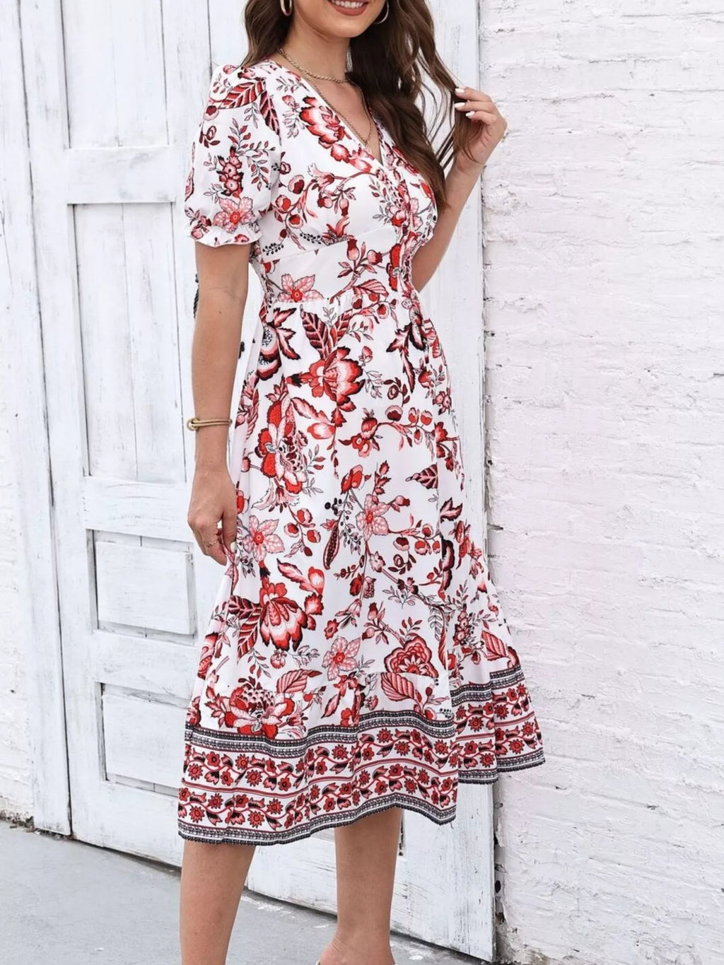 Floral Print Puff Sleeve Wrap Midi Dress (18)