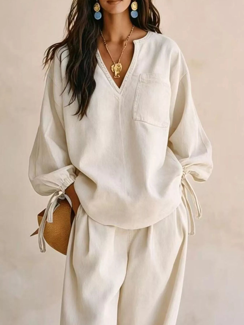Relaxed Fit Drawstring Sleeve Detail Top Pants Denim Set (5)