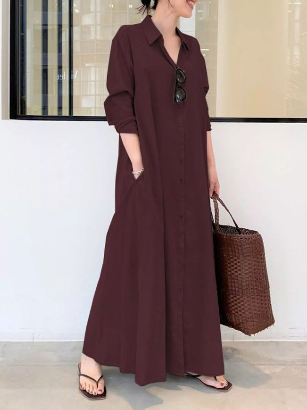 Full Size Button Front Long Sleeve Maxi Shirt Dress Plus