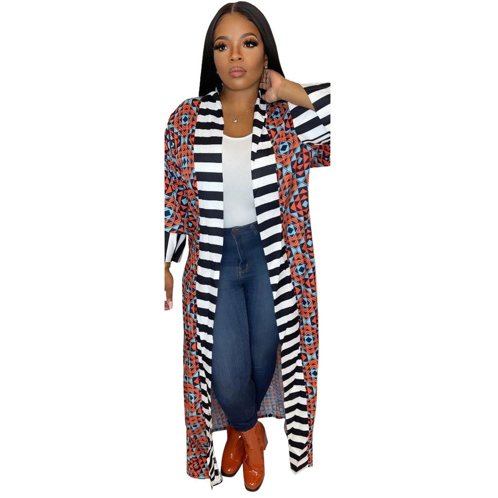 Casual Striped Pattern Printed Long Sleeve Coat Dress photo 1