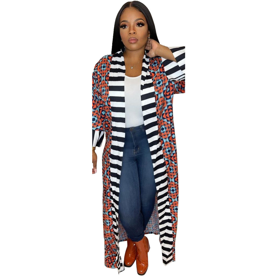Casual Striped Pattern Printed Long Sleeve Coat Dress photo 1
