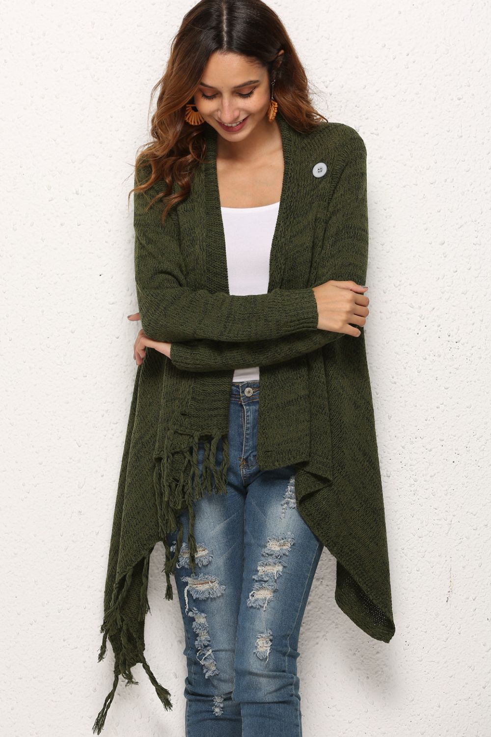 One-button Tassel Tie Asymmetrical Hem Cardigan (7)