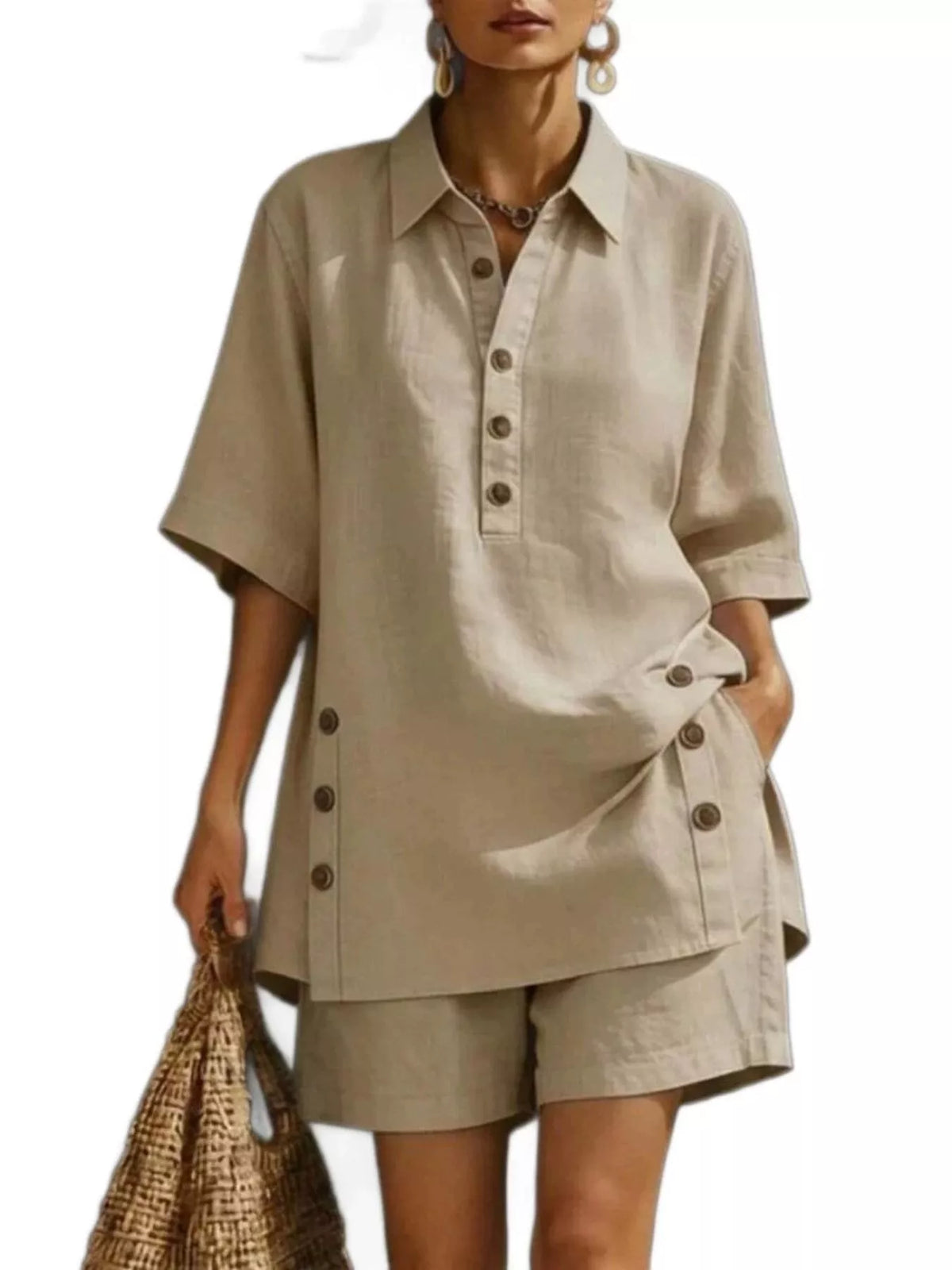 Full Size Casual Linen Button-down Shirt Shorts Set Plus (5)