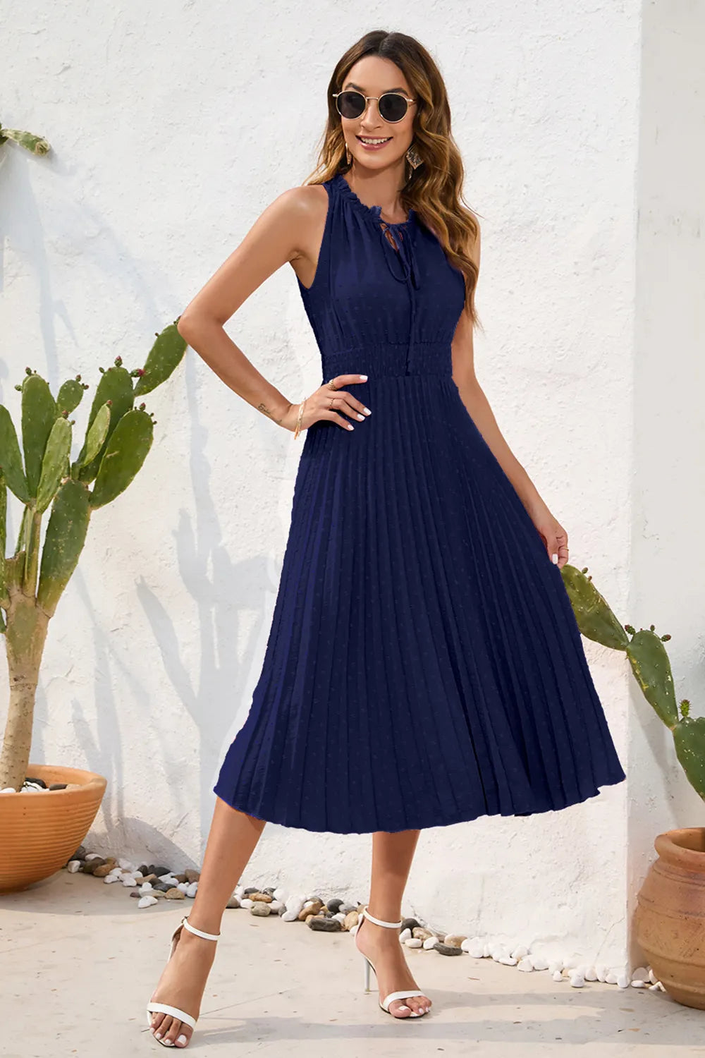 Swiss Dot Tie Neck Sleeveless Dress (13)