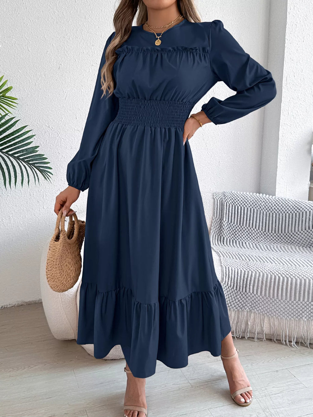 Round Neck Balloon Sleeve Tiered Dress (20)