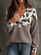 Cow Print Block Waffle Knit Blouse (7)