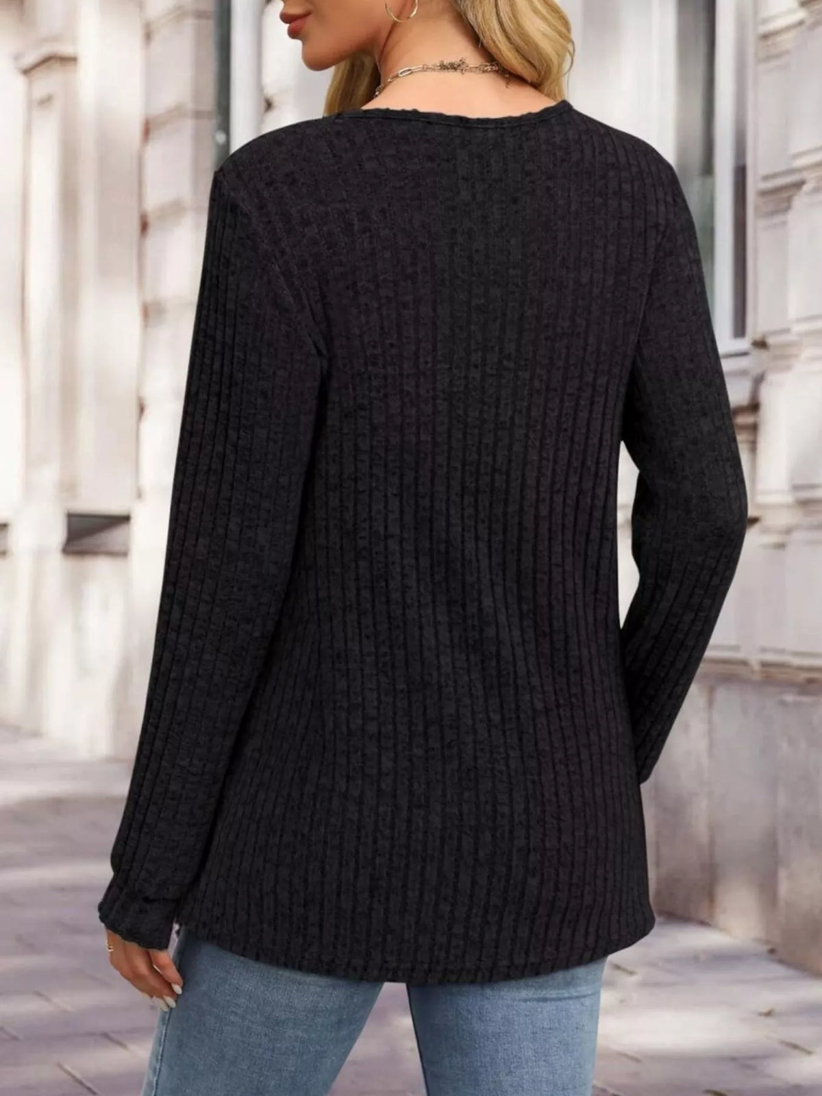 Ribbed Knit Button-front Long Sleeve T-shirt (3)