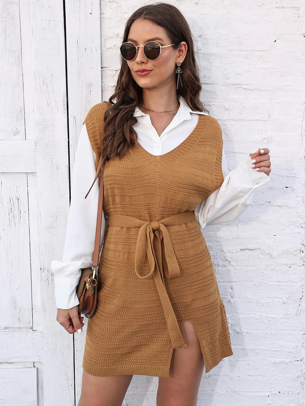 Tie Front V-neck Sleeveless Slit Sweater Dress (3)