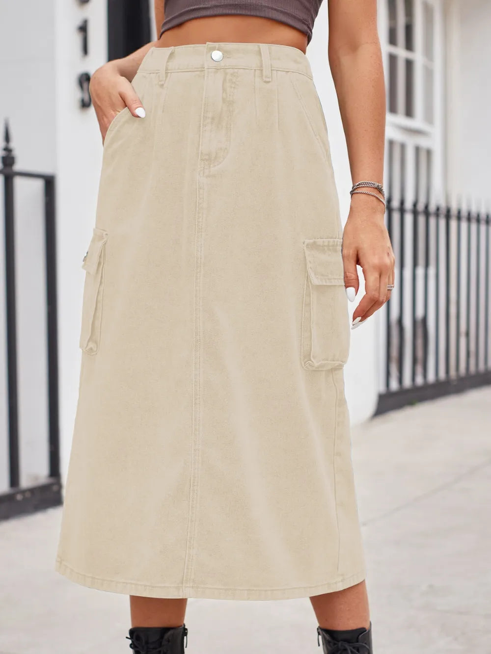 Slit Buttoned Denim Skirt Pockets (15)