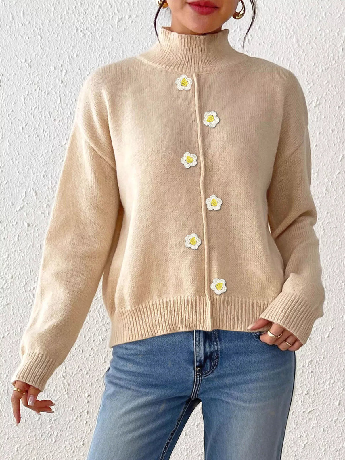 Floral Applique Turtleneck Sweater (2)