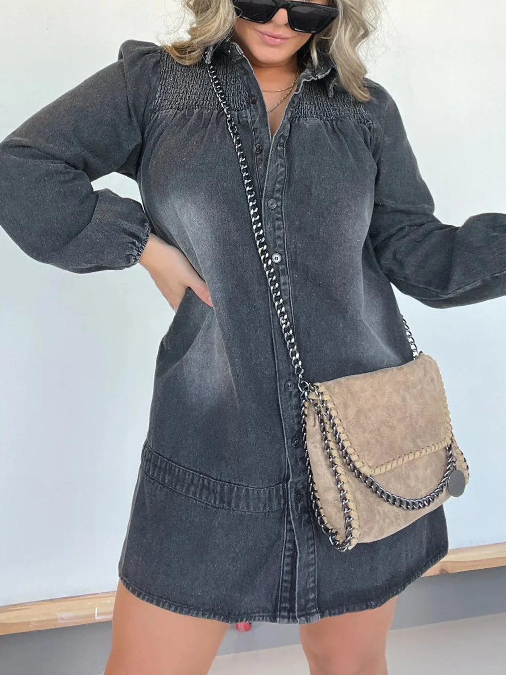 Full Size Button Front Long Sleeve Denim Dress Plus