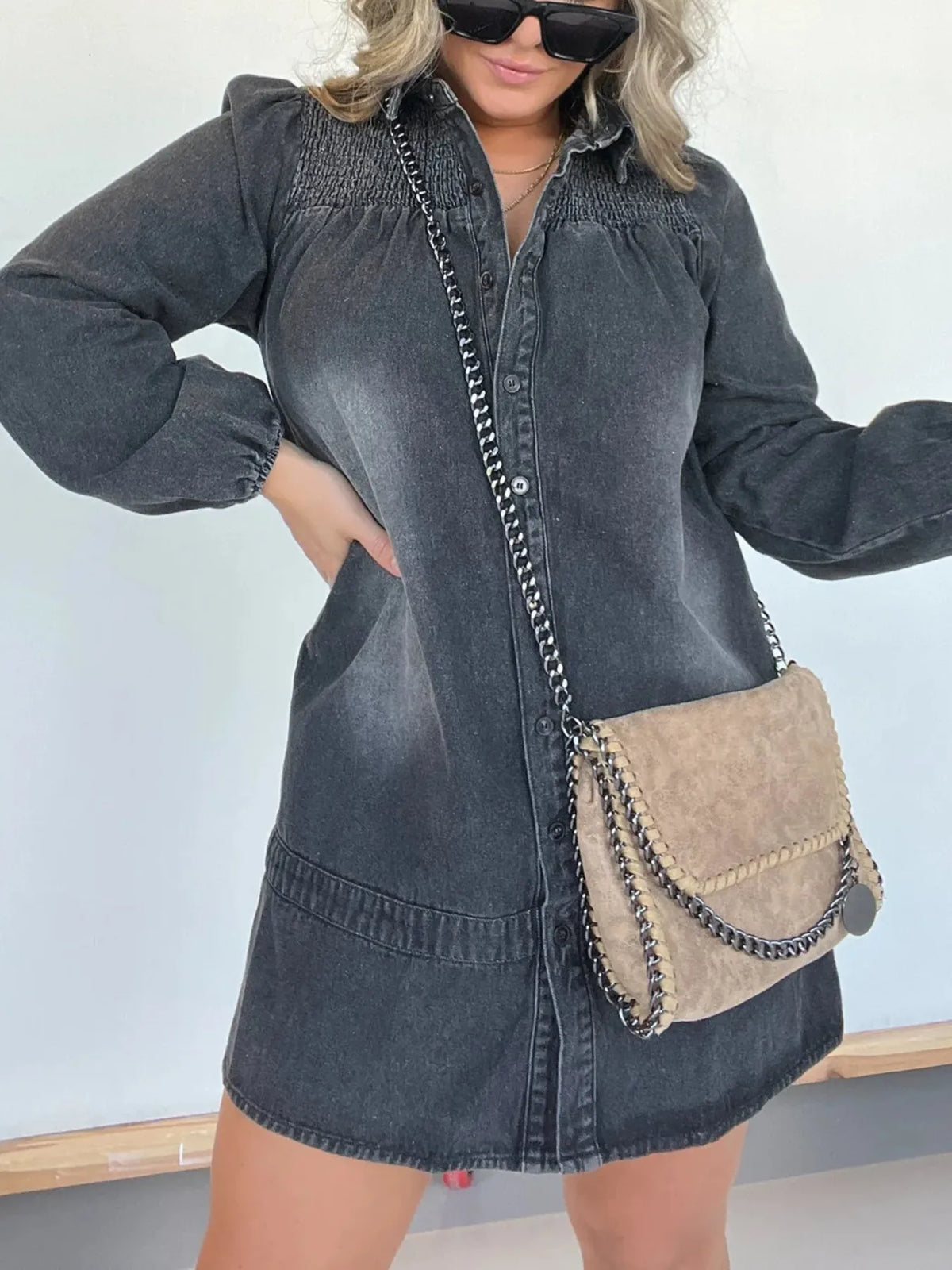 Full Size Button Front Long Sleeve Denim Dress Plus