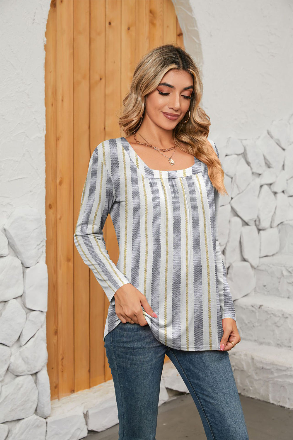 Printed Square Neck Long Sleeve Blouse (17)