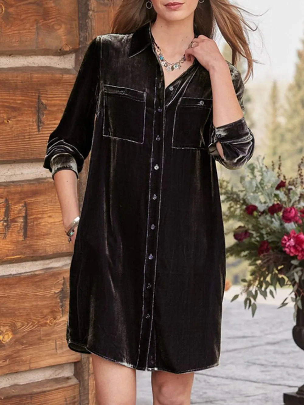 High-low Button Up Long Sleeve Knee Length Dress (2)