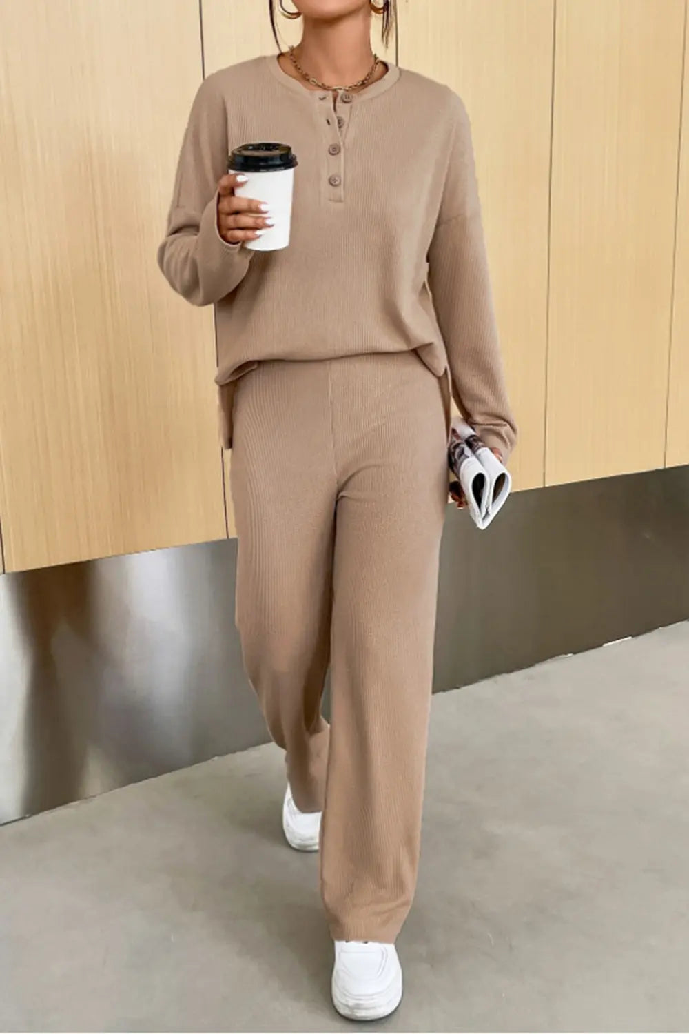 Ribbed Half Button Top Pants Set (8)