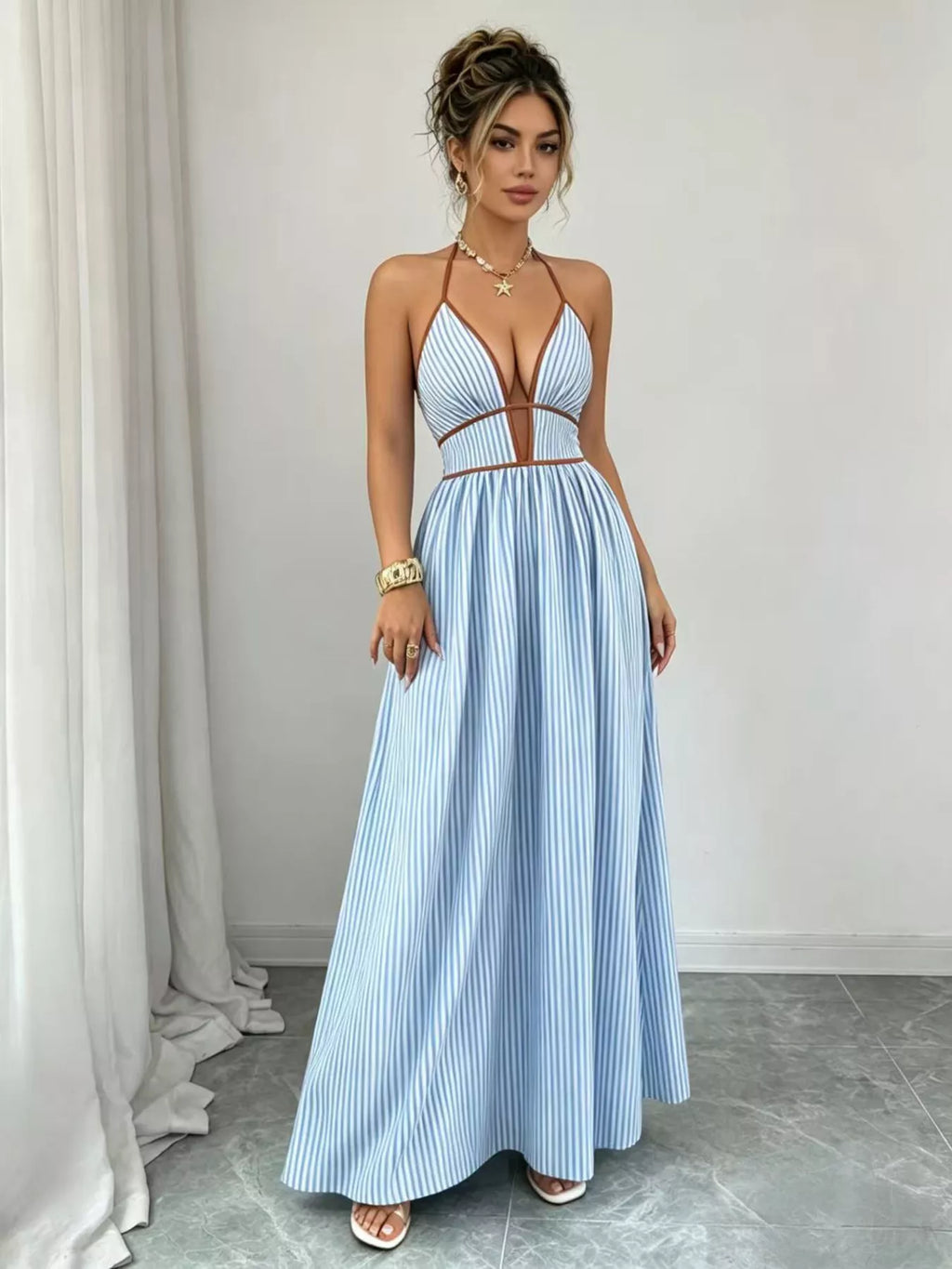 Striped Halter Neck Maxi Dress (4)