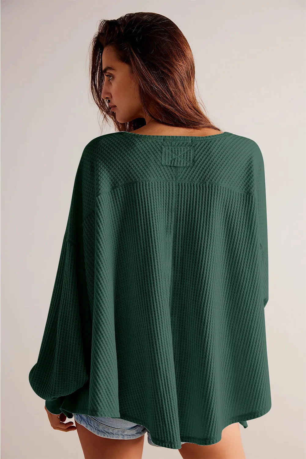 Waffle-knit V-neck Long Sleeve Top (9)