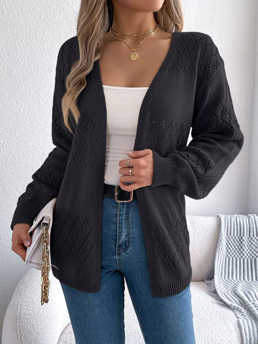 Openwork Open Front Long Sleeve Cardigan (8)