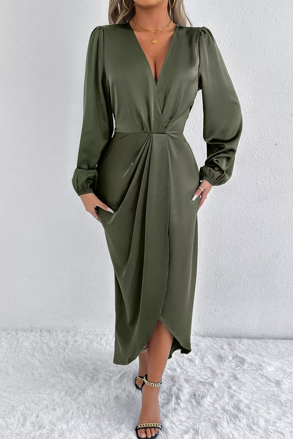 Satin Balloon Sleeve Midi Dress (3)