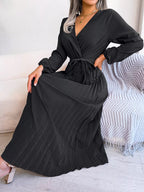 Elegant Pleated Front Tie Long Sleeve Dress (18)