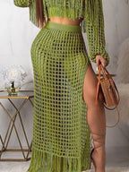 Full Size Crochet Off-shoulder Fringe Top Skirt Set Plus (20)