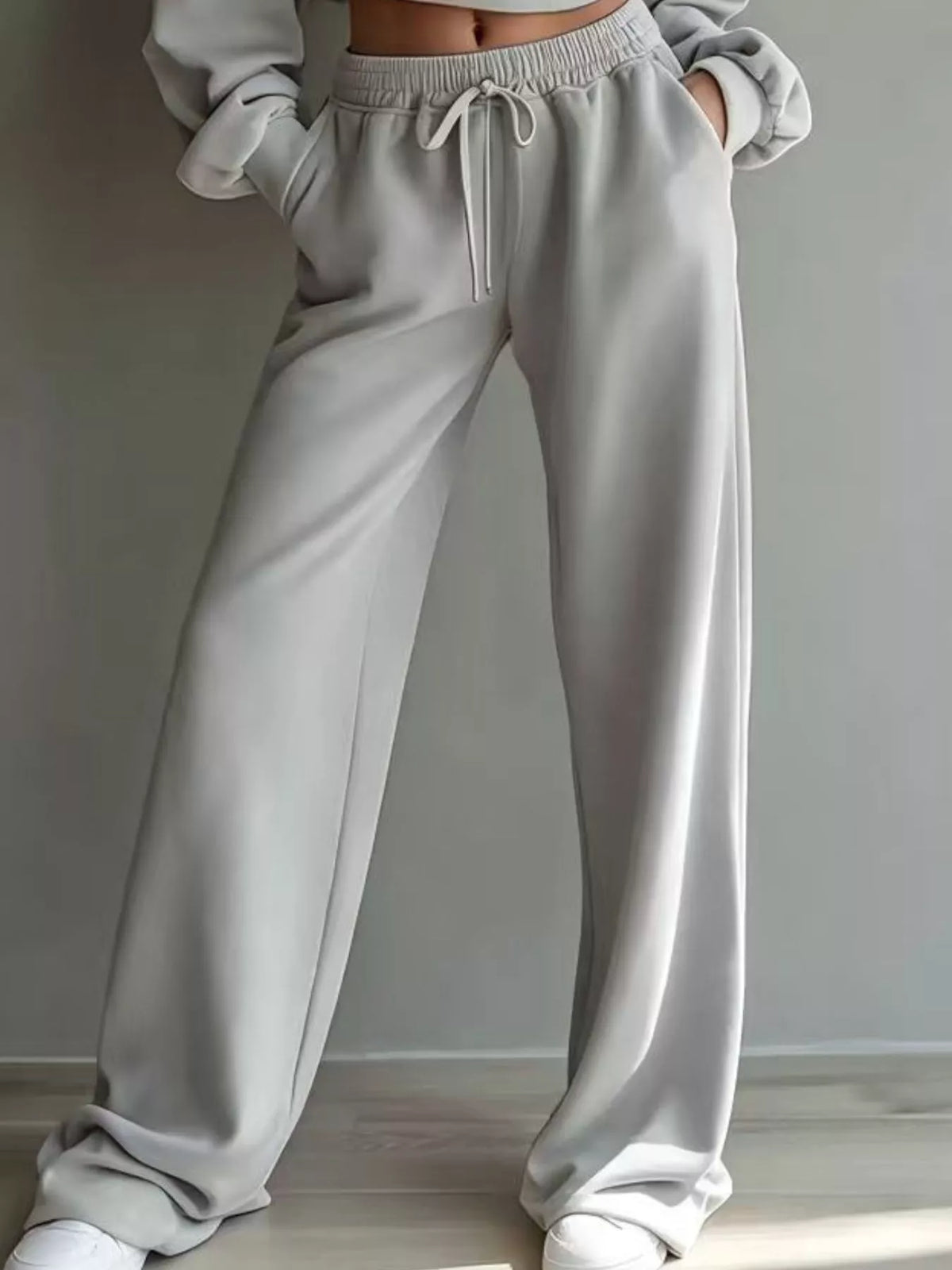 Round Neck Cropped Sweatshirt Wide-leg Pants (9)