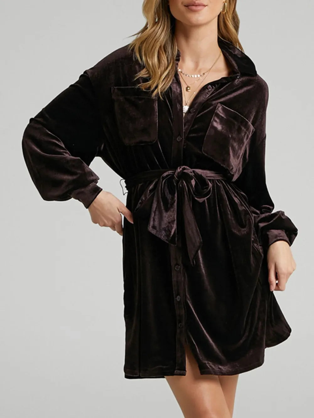 Collared Neck Button Down Long Sleeve Mini Dress (9)