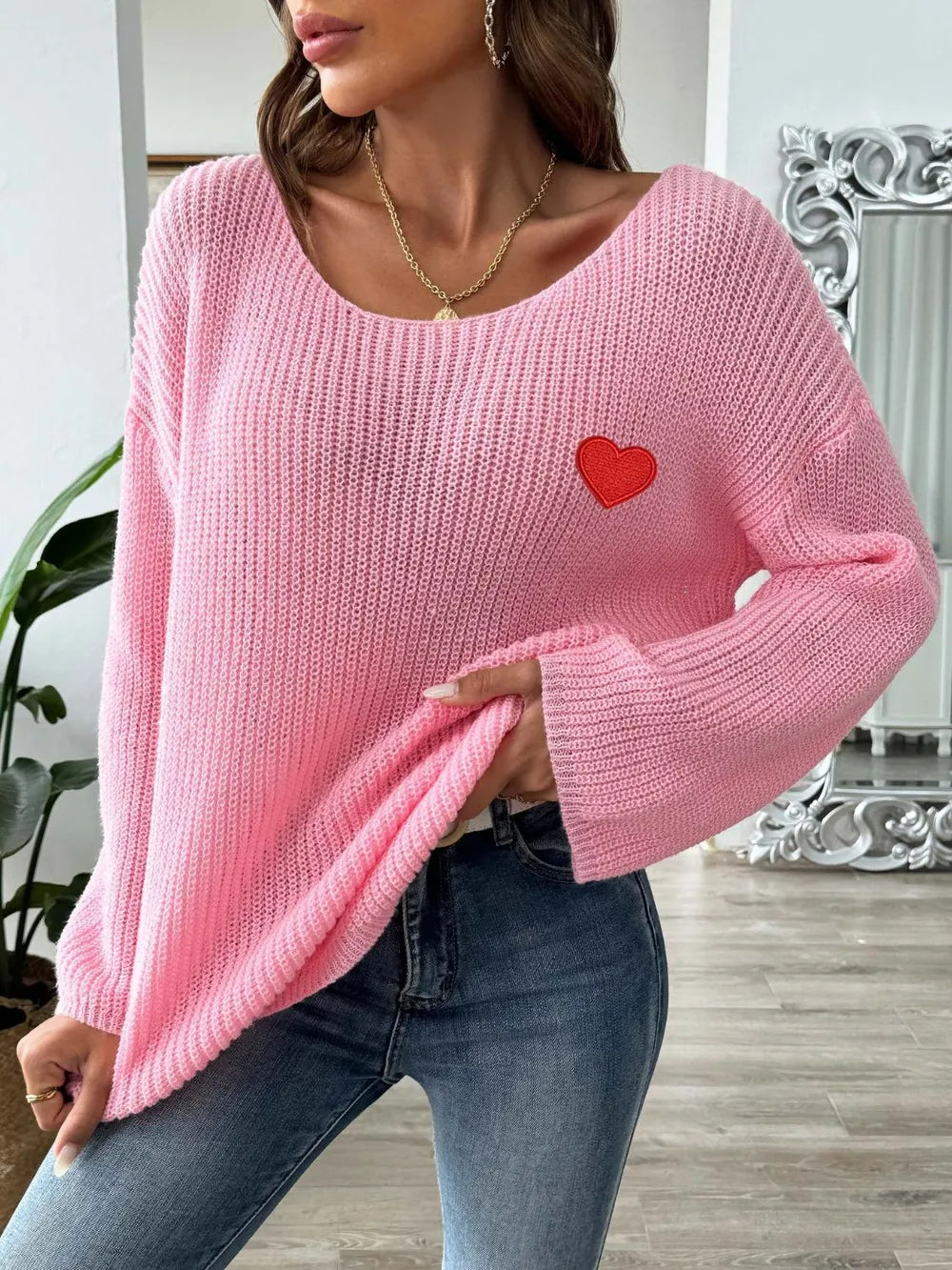 Heart Boat Neck Dropped Shoulder Sweater (12)