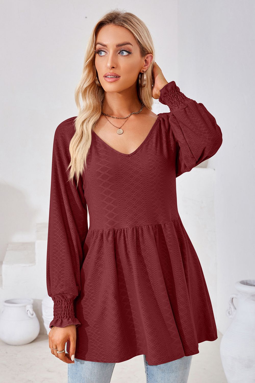 V-neck Lantern Sleeve Blouse (17)