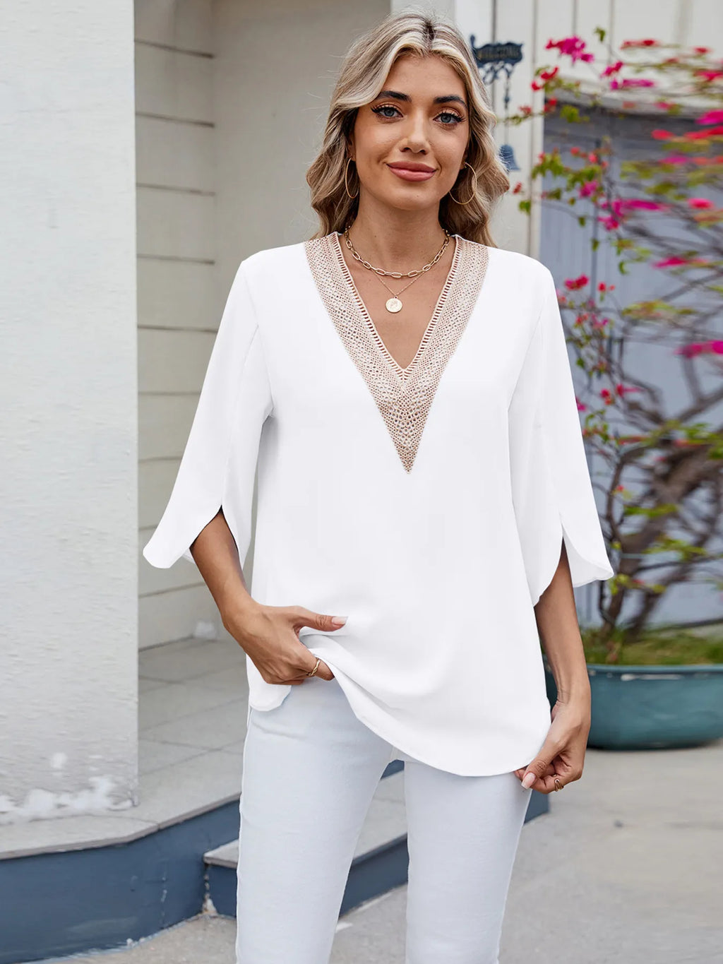 V-neck Lace Trim Blouse (23)