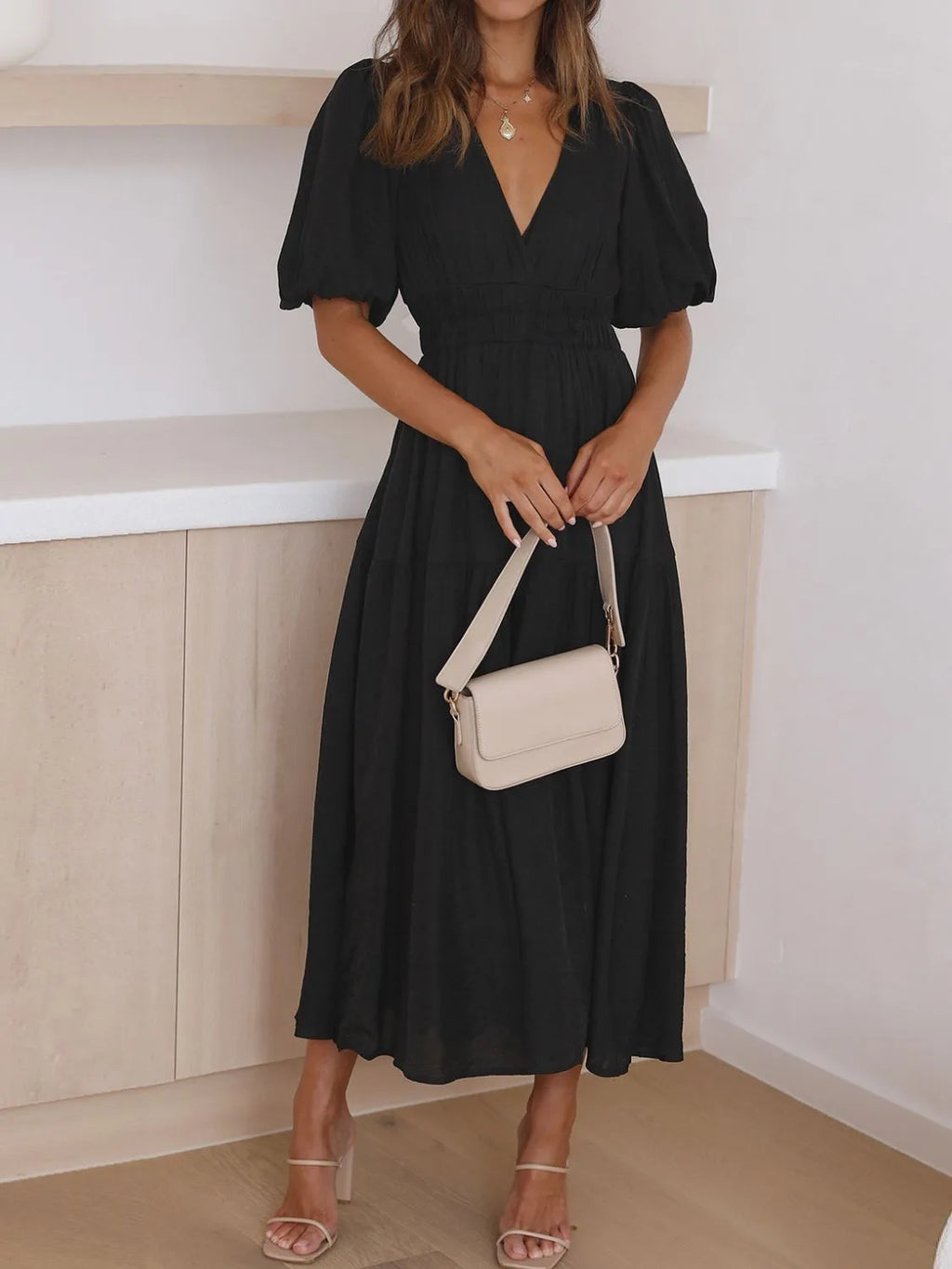 V-neck Puff Sleeve Midi Dress (16)