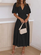 V-neck Puff Sleeve Midi Dress (16)