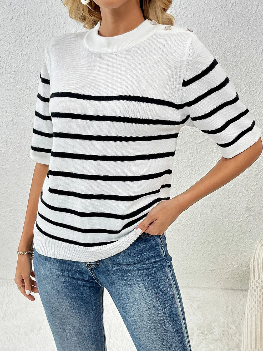 Striped Round Neck Half Sleeve Knit Top (7)